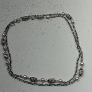 VTG Sarah Coventry Filigree Lady Silver Tone Faux Pearl  Necklace 44” Long Chain